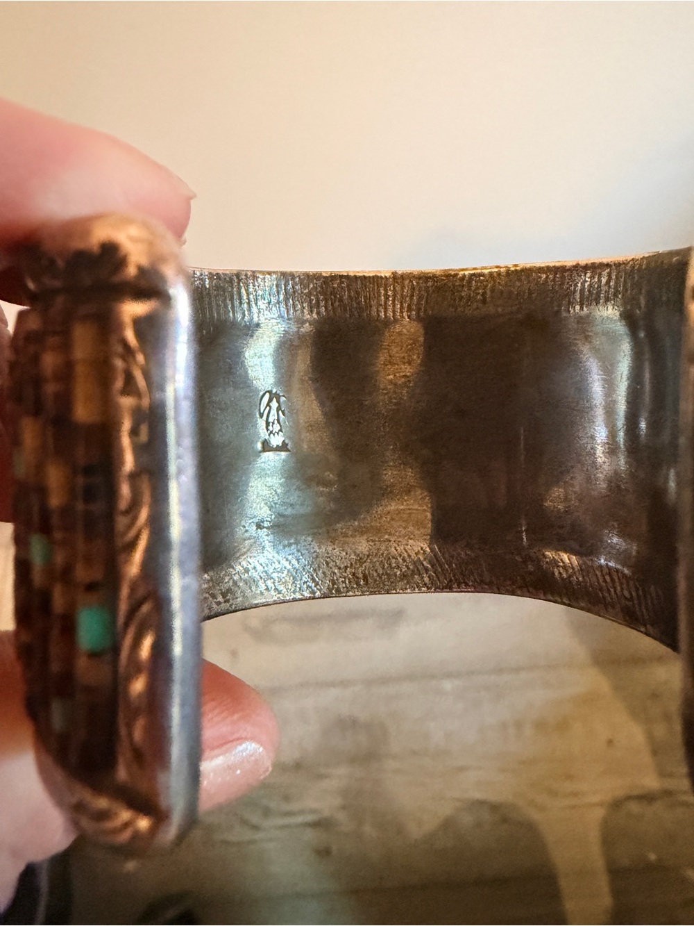 Native American Navajo Sterling Silver Penshell & Turquoise Heshi Cuff Bracelet - Picture 4 of 16